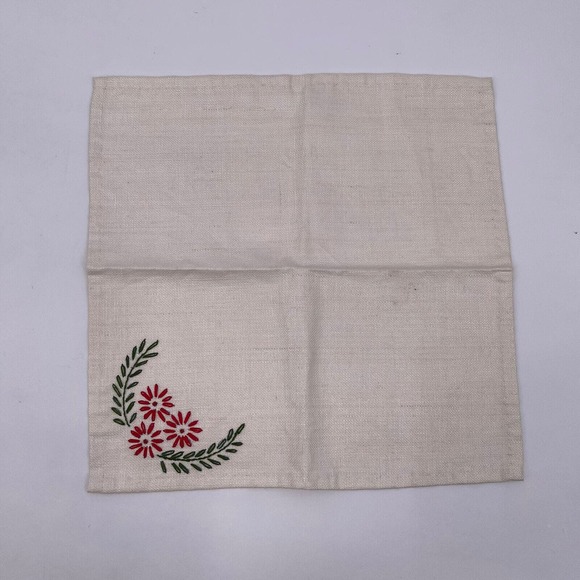 Set of 3 Handmade Hand Sewn Fabric Napkins Embroidered Corner Floral Flower - Picture 4 of 6